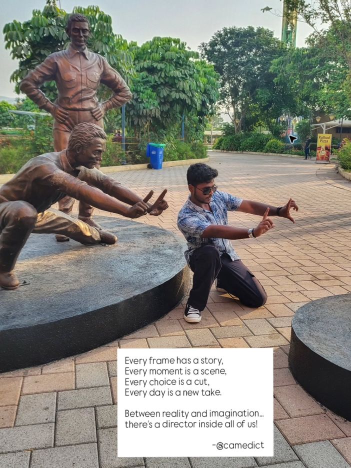 Sahil Jagtap composing a playful frame beside film statues, with the CamEdict director quote